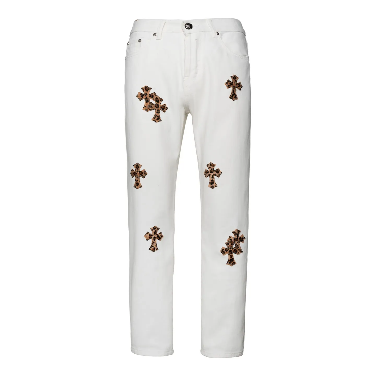 P200 Chrome Hearts 24SS white-bottom leopard-print and leather high-street jeans - Chrome Hearts' most popular color pants are made of beaded canvas fabric. Heavy washing makes the upper body of the fabric more textured and the pants are tall and straight! The three-dimensional cutting of the whole trousers is a masterpiece! The hardware is customized by zp. The beaded canvas fabric is thick and soft after being washed. It has good breathability. Customized small leather label. Unique design. The details are simple and elegant, and the workmanship is exquisite. The whole trousers are neatly routed and the details are in place! It’s so cool that both men and women can easily control the genderless trend! Style number: 1641# Size: 28 30 32 34 Color: white